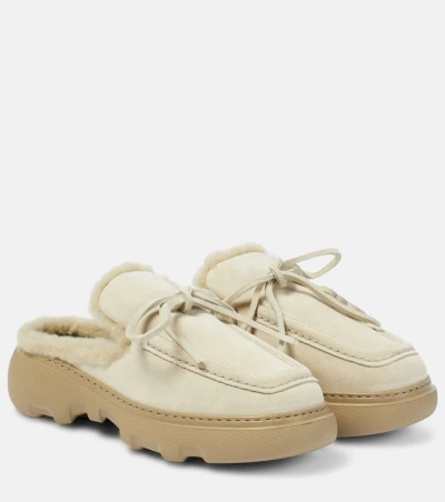 Burberry Ekd Shearling-lined Suede Mules In Neutrals