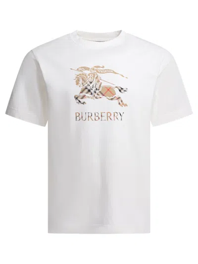 Burberry Men White Crewneck T-shirt With Ekd And Logo Lettering Embroidery On The Front In Cotton Ma In Multi