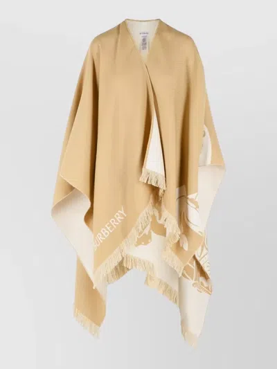 Burberry Ekd Wool Silk Cape Fringe Graphic In Brown
