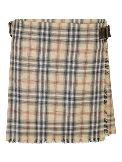 Burberry Women Beige Skirt With Adjustable Belt And All-over Check Motif In Wool Woman In Multi