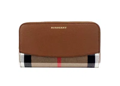 Burberry Elmore Tan Grainy Leather House Check Canvas Continental Clutch Wallet In Brown