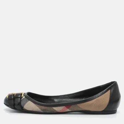 Pre-owned Burberry Embellished Size 37 Black/beige Nova Check Canvas And Leather Ballet Flats