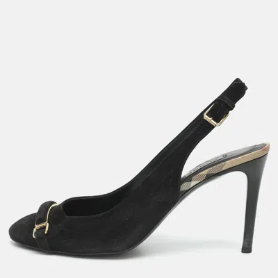 Pre-owned Burberry Embellished Size 38 Black Suede Slingback Pumps