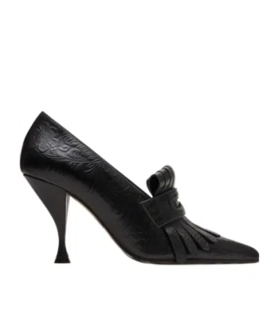 Burberry Embossed Cameo Fringe Pumps In Black
