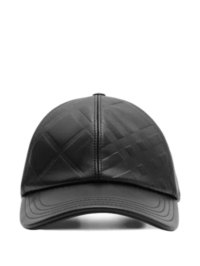 Burberry Lambskin Embossed-check Baseball Cap In Black