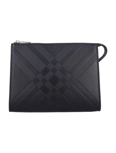 Burberry Embossed Check Leather Pouch In Black