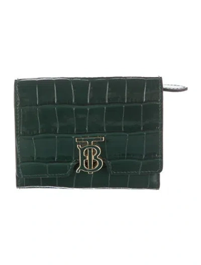 Pre-owned Burberry Embossed Leather Animal Print Compact Wallet In Green