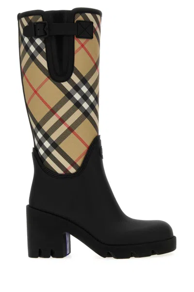 Burberry Embroidered Canvas And Rubber Boots In Black