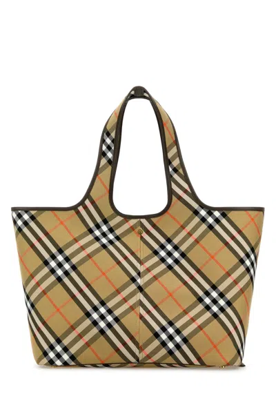 Burberry Embroidered Canvas Medium Check Shopping Bag In Brown