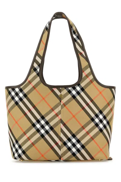 Burberry Embroidered Canvas Small Check Shopping Handbag In Brown