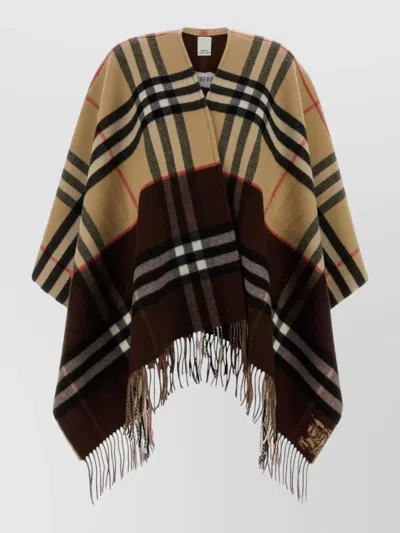 Burberry Embroidered Cashmere Blend Reversible Checked Cape In Brown