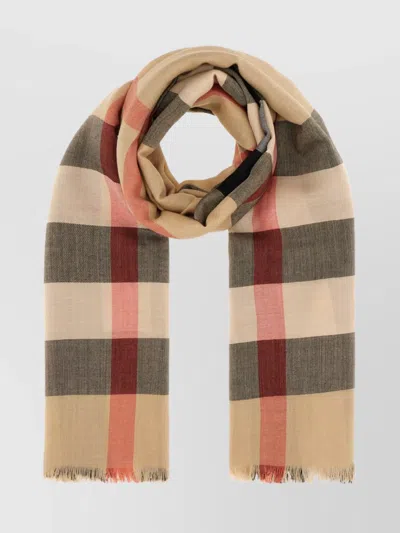 Burberry Embroidered Cashmere Blend Scarf With Checked Pattern In Sand