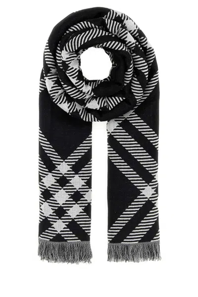 Burberry Embroidered Checked Wool-silk Scarf For Unisex In Black