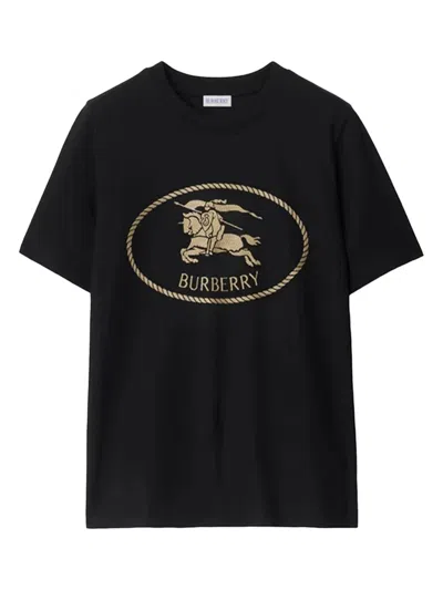 Burberry Embroidered Equestrian Logo T-shirt In Black