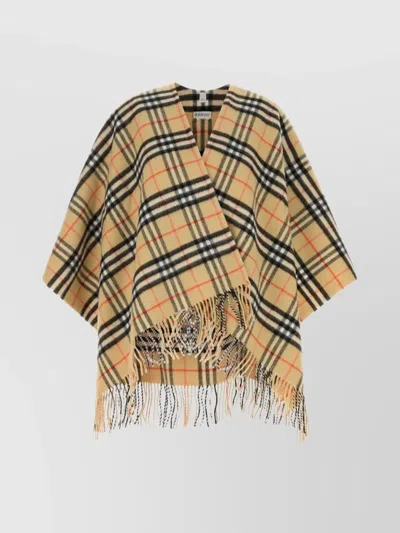 Burberry Embroidered Fringe Wool Blend Cape In Neutral