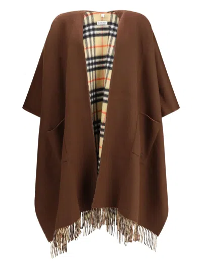 Burberry Embroidered Fringed Cape In Brown