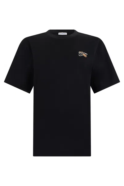 Burberry Embroidered Logo Cotton T-shirt In Black
