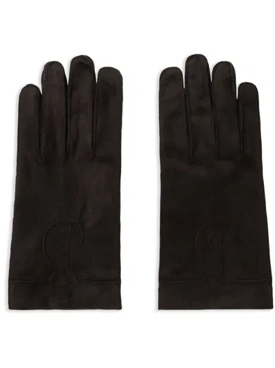 Burberry Embroidered-logo Suede Gloves In Brown