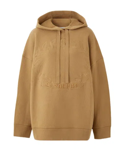 Burberry Embroidered Oak Leaf Crest Drawstring Hoodie In Brown