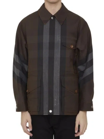 Burberry Waxed Check Print Zip Up Casual Jacket In Brown