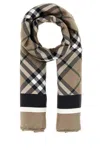 Burberry Embroidered Silk Foulard With Check Pattern And Fringed Edges In Brown