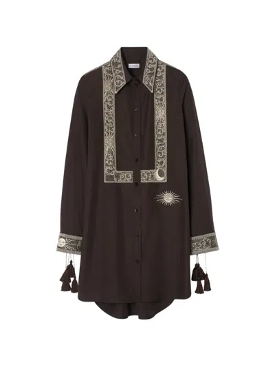 Burberry Silk Shirt Dress Embroidered Tassel Detail Long Sleeves In Brown