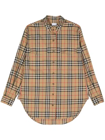 Burberry Embroidered Stretch Cotton Shirt In Brown