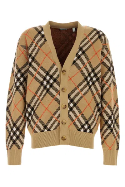 Burberry Embroidered Stretch Wool Blend Cardigan In Sand Ip Check