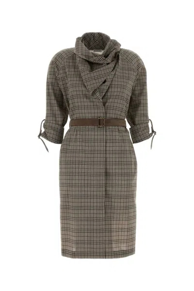 Burberry Women Wool Check Dress With A Shawl Collar In Multi