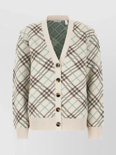 Burberry Embroidered V-neck Wool Blend Cardigan In White