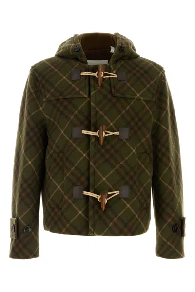 Burberry Dark Green Wool Hooded Check Jacket In Multi