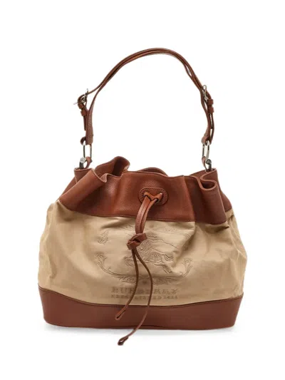 Pre-owned Burberry Embroidered-logo Leather Bucket Bag In Neutral