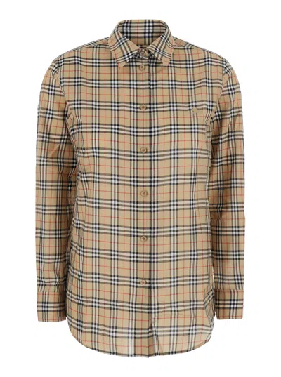 Burberry Emma Button-front Cotton Shirt With Ekd Embroidery And Check Motif In Brown