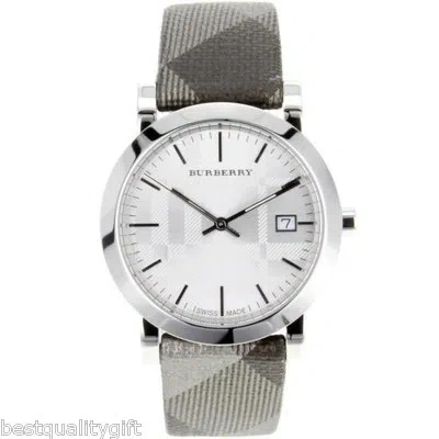 Pre-owned Burberry Engraved Dial Shimmer Gray Silver Plaid Check Band Swiss Watch Bu1869