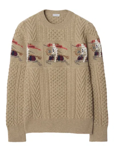 Burberry Equestrian Knight Aran Knit Sweater In Neutral