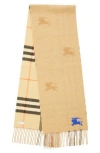 Burberry Equestrian Knight Design Check Reversible Fringe Cashmere Scarf In Sand