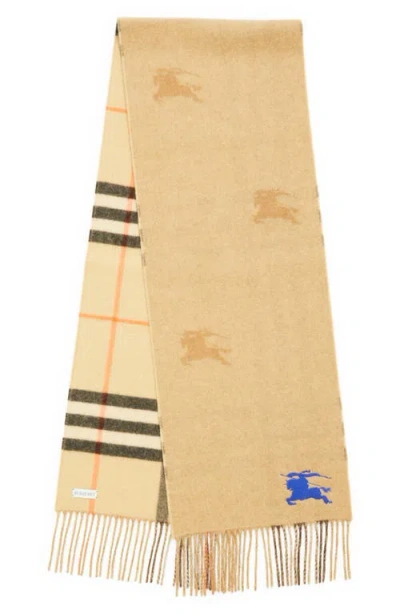 Burberry Equestrian Knight Design Check Reversible Fringe Cashmere Scarf In Sand