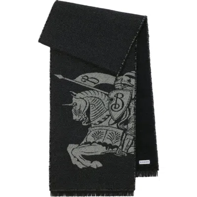 Burberry Equestrian Knight Jacquard Wool & Alpaca Blend Fringe Scarf In Dark Indigo