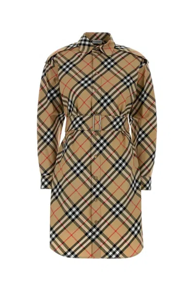 Burberry Cotton Checked Belted Shirt Midi Dress In Nude