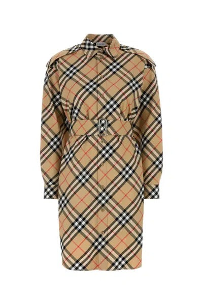 Burberry Chemisier Cotton Short Dress With Check Print In Nude