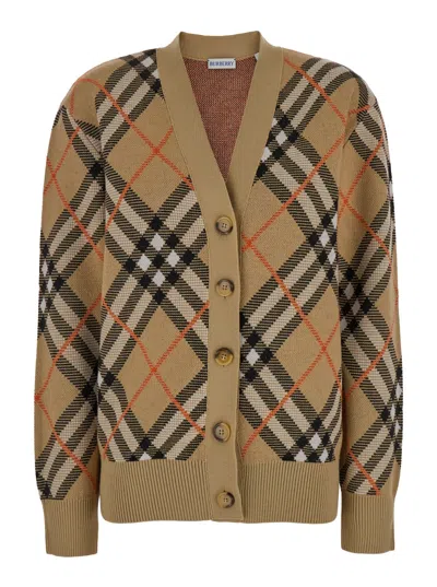 BURBERRY BEIGE CARDIGAN WITH CHECK MOTIF IN WOOL AND MOHAIR WOMAN