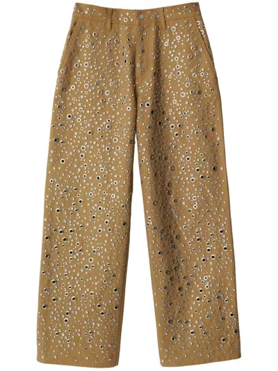Burberry Eyelet-embellished Cotton Trousers In Timber