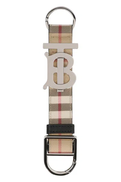 Burberry Fabric Key Ring With Logo In Beige