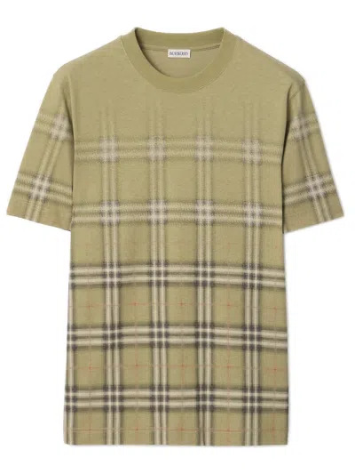Burberry Faded Check Cotton Polo With Ribbed Collar In Green