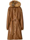 Burberry Faux Fur Trim Leather Parka In Brown