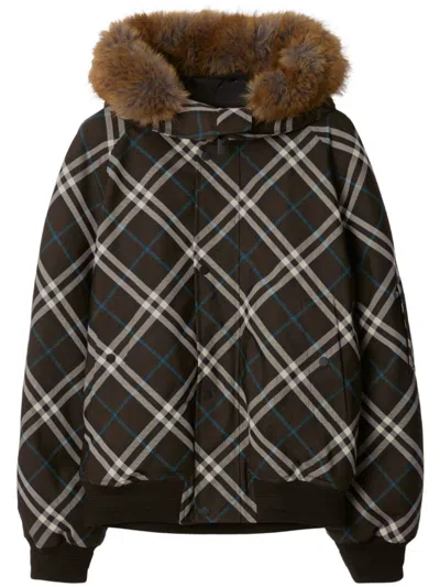 Burberry Faux Fur-trim Checkered Bomber Jacket In Brown/white
