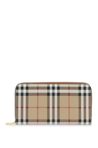 Burberry Faux Leather Wallet With Iconic Check Pattern And Zip-around Closure In Beige