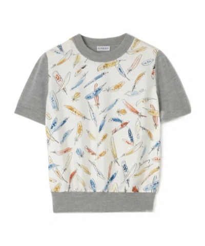 Burberry Feather Print Panel Wool Silk T-shirt In Gray
