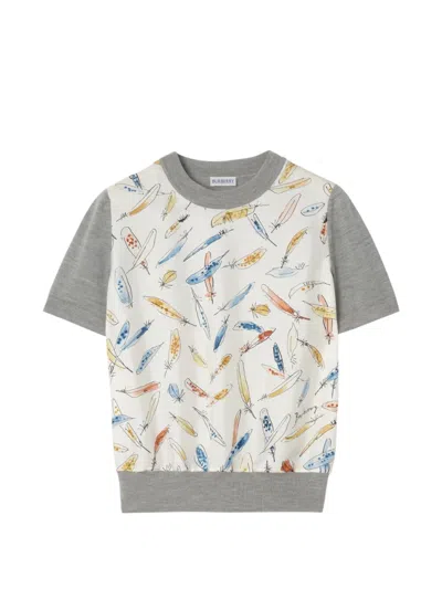 Burberry Feather-print Panel Wool Silk T-shirt In Gray