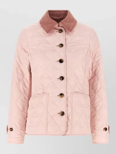 Burberry Fernleigh Quilted Jacket Corduroy Collar Pockets In Pink